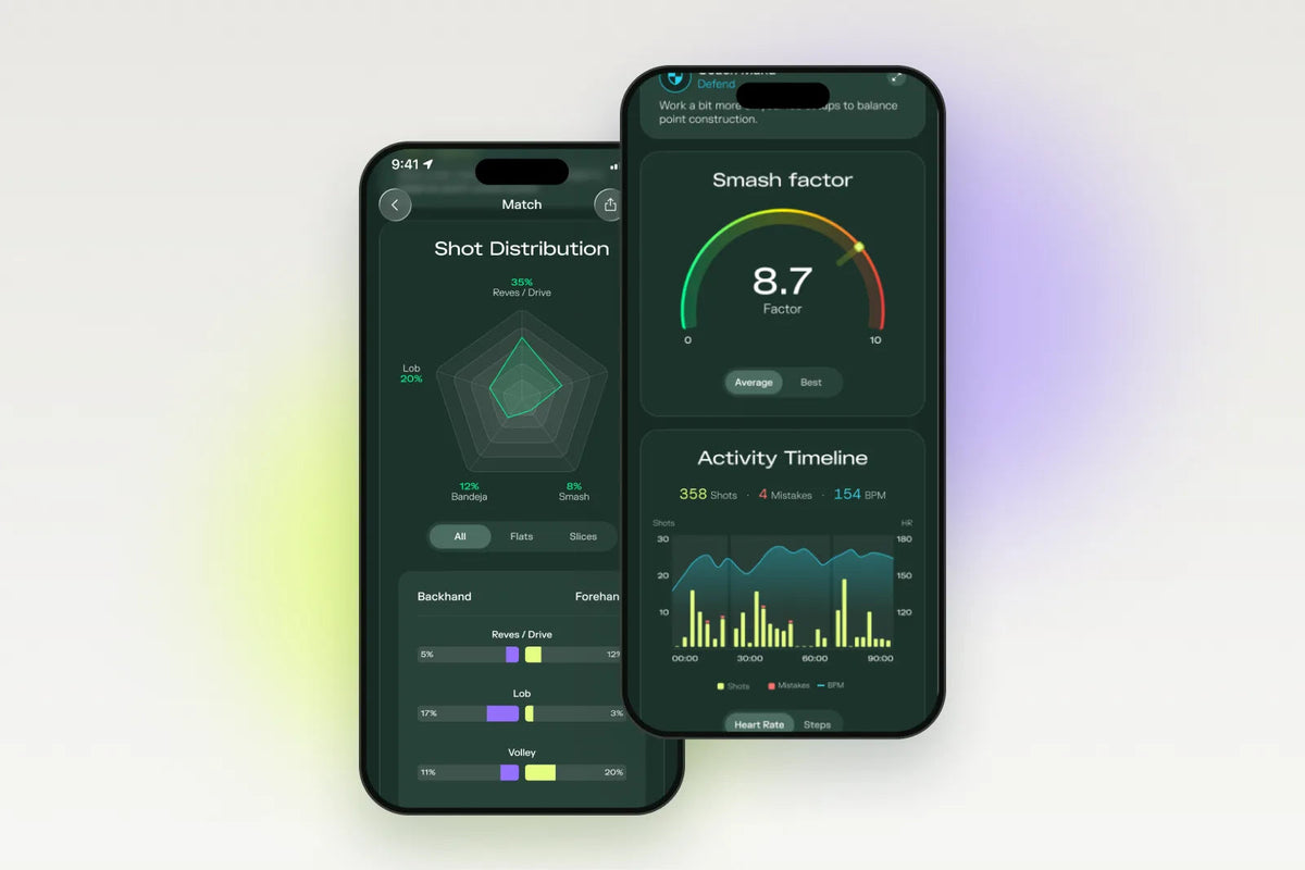 Padelplay app showing shot distribution and Smash Factor on two phones
