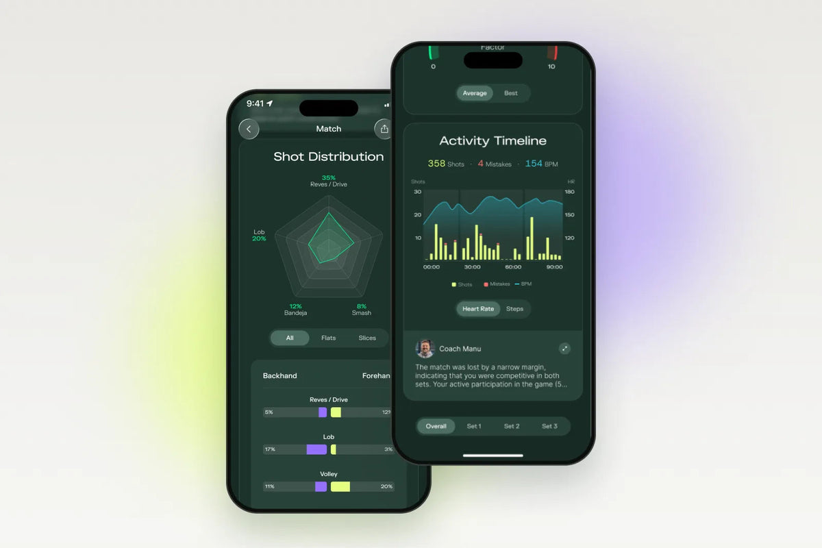 Padelplay app showing the shot distribution and the Activity Timeline