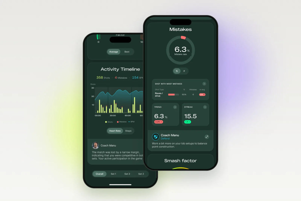 Padelplay app showing the Activity Timeline with heart rate and the Mistakes card