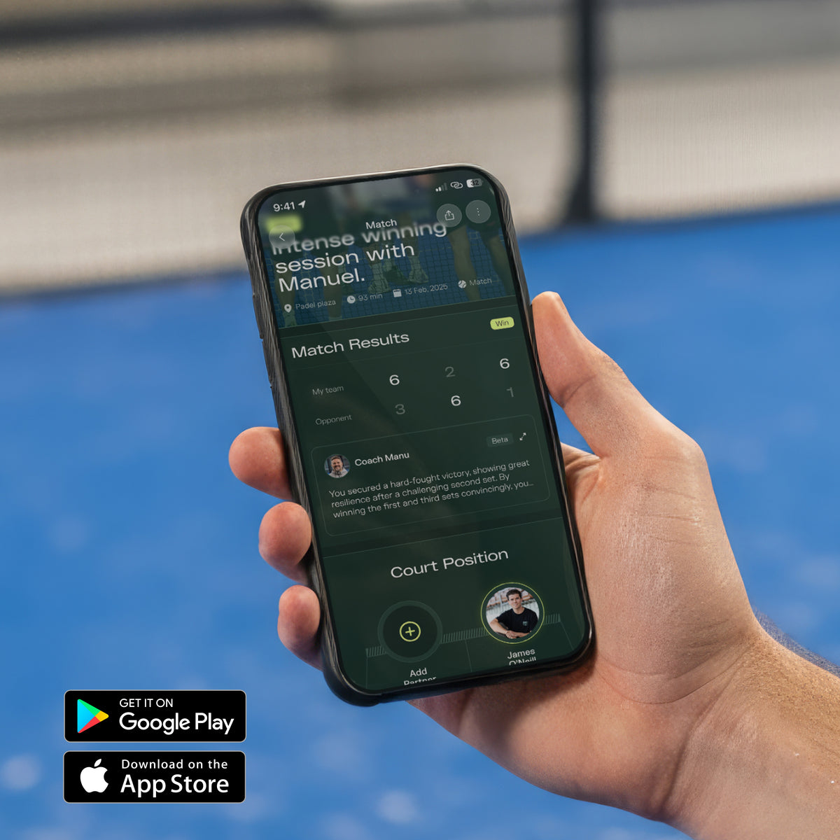 Приложение Padel Play с данными игровой сессии