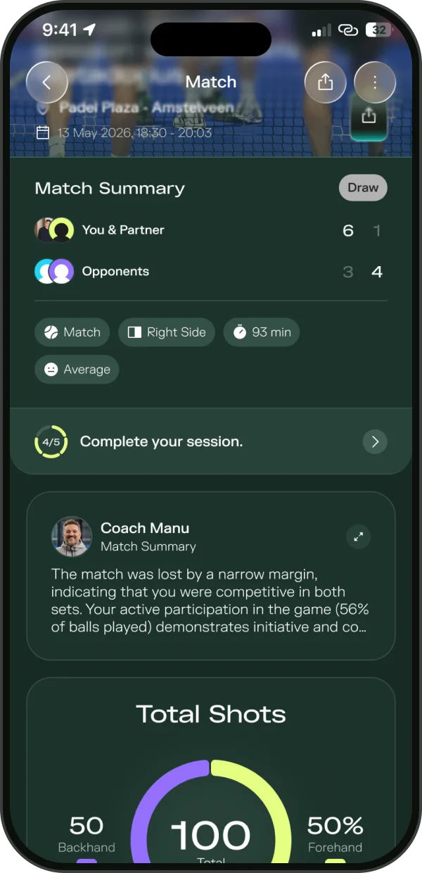 Padelplay app: match summary with Coach Manu
