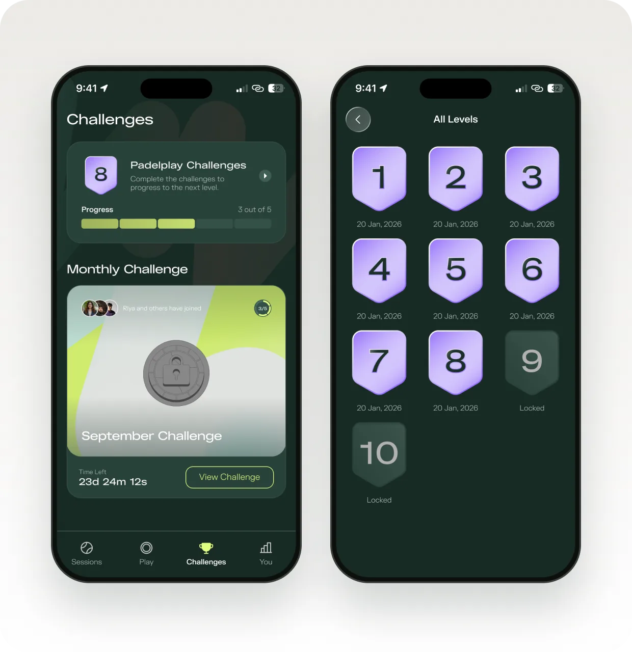 Monthly challenges and levels in the Padelplay app