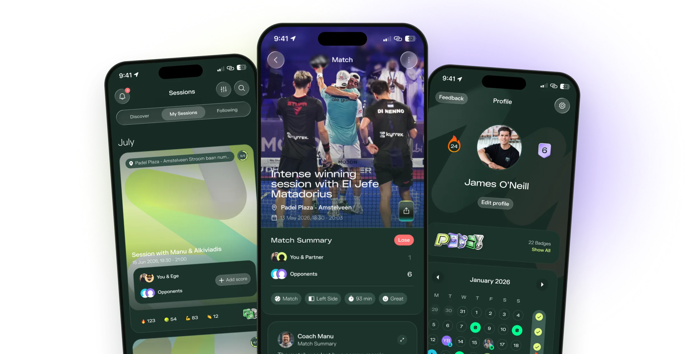 The Padelplay app: sessions, match detail and profile