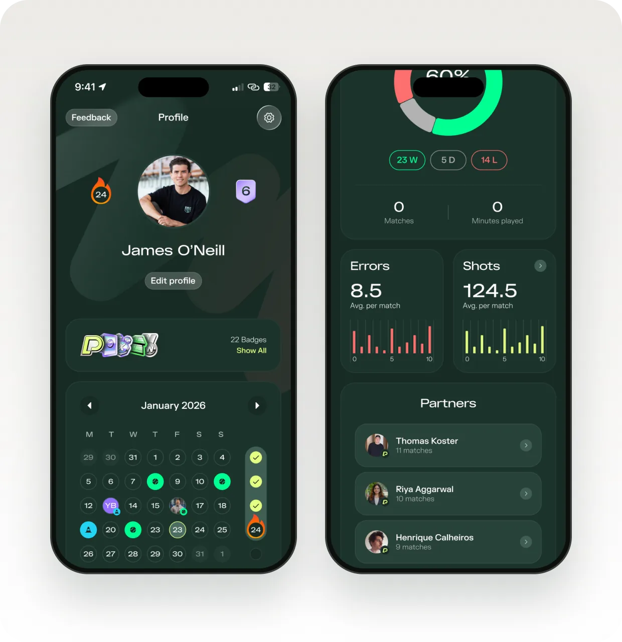 The Padelplay profile with streak, calendar and match record